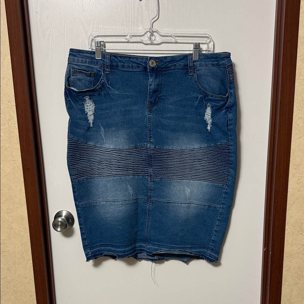 Chic Blue Distressed Denim Pencil Skirt